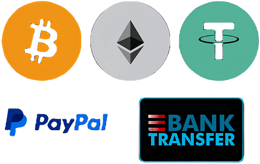 Métodos de pago aceptados: criptomoneda, transferencia bancaria, PayPal
