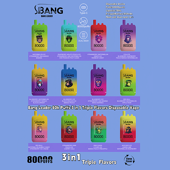 Een promotieafbeelding voor Bang Leader wegwerp-vapes met een scala aan kleurrijke apparaten, elk met unieke smaakcombinaties en specificaties zoals 80.000 trekjes, dubbele mesh-coils en Type-C-oplaadcompatibiliteit.