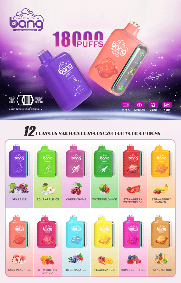 Bang Pulse 18000 soffi Vape monouso 0% 2% 3% 5% Nicotina 12Tastes Display a LED Fabbrica diretta