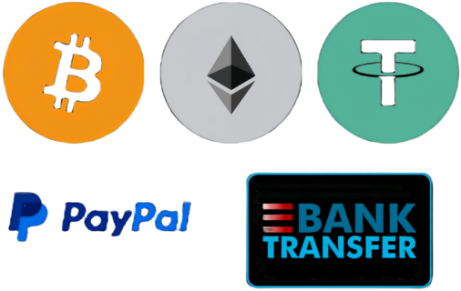 Métodos de pago aceptados: criptomoneda, transferencia bancaria, PayPal