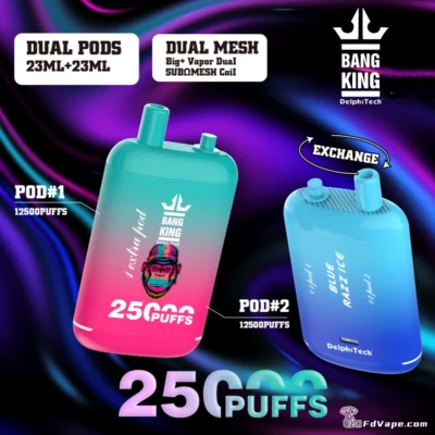 Bang King 25000 Puffs 25k Armazém Duplo Vape Descartável Muitos Gostos de Nicotina Recarregável Display LED E Cigarro Atacado