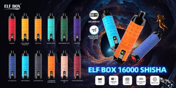 ELF BOX SHISHA 16000 16k Puffs Vape Descartável Muitos Gostos de Nicotina Display LED Recarregável E Cigarro Atacado