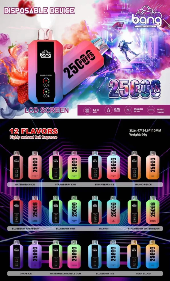 Bang 25000 25k Puffs 0% 2% 3% 5% Nicotine Nouvel écran LED Vape jetable - Appareil de vapotage haute capacité avec affichage LED