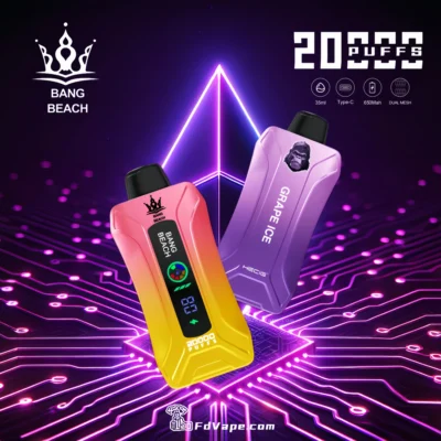 Original Bang Beach 20000 Puffs New LED Display Disposable Vape, offering up to 20000 puffs with a 35ml e-liquid capacity, customizable nicotine strengths, a 650mAh battery, and a convenient Type-C charging port. Equipped with a 1.0 mesh coil, adjustable airflow, and an LED display, it ensures a premium, reliable, and enjoyable vaping experience.