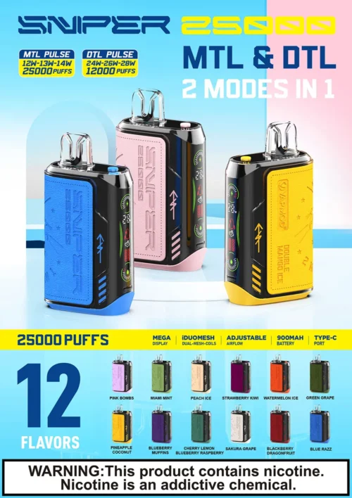 VAPMOD SNIPER 25000 25K Puffs Disponibel Vape 3% Nikotin 12Tastes LED Display Factory Direct