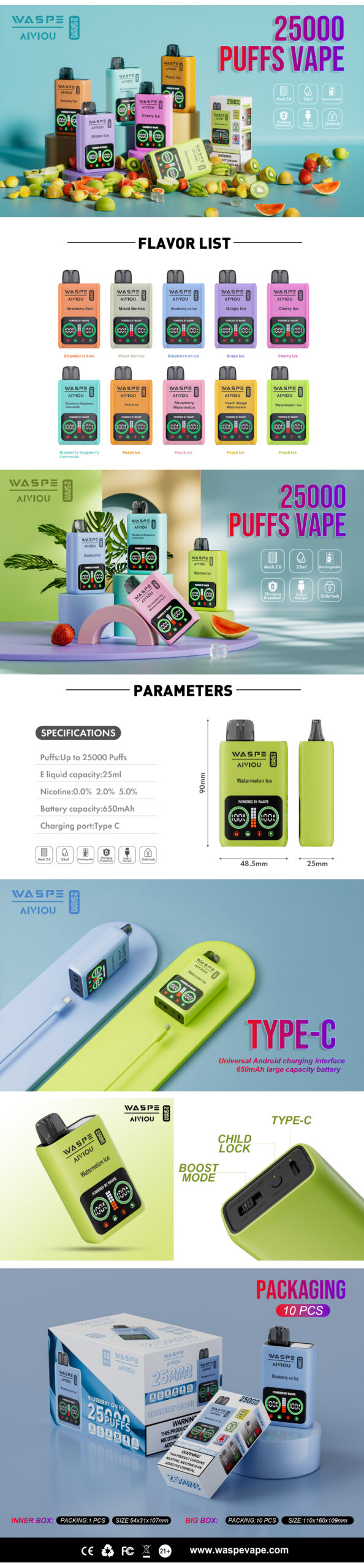 WASPE 25000 25K Puffs Vape Descartável 0% 2% 3% 5% Nicotina 10Tastes Display LED Direto da Fábrica