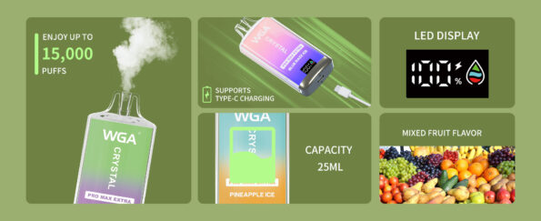 WGA Crystal Pro Max Extra 15000 15k Puffs Vape jetable directement de l'usine