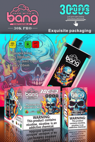 Eine farbenfrohe Verpackung für ein Vape-Produkt mit einem Totenkopf mit Flammen, die für ein Einweg-Vaporizer mit 30.000 Zügen, 36 ml E-Liquid und 550 mAh Akkukapazität wirbt. Warnungen vor Nikotinsucht sind vorhanden.