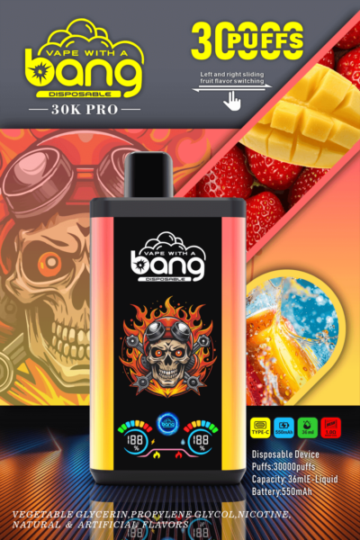 Verpackung des Einweg-Verdampfers „Vape with a Bang“ 30K Pro mit Anzeige für 30.000 Züge, Fruchtgeschmacksumschaltung, Totenkopfdesign, 550 mAh-Akku und 36 ml E-Liquid-Kapazität.