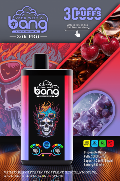 „Vapen Sie mit einem Bang 30K Pro-Einweggerät mit Totenkopfdesign, 30.000 Zügen, einstellbarem Fruchtgeschmack, 36 ml Flüssigkeitskapazität, 550 mAh-Akku, Aufladen über Typ C, Anzeige der Kirsch- und Traubenaromen.“