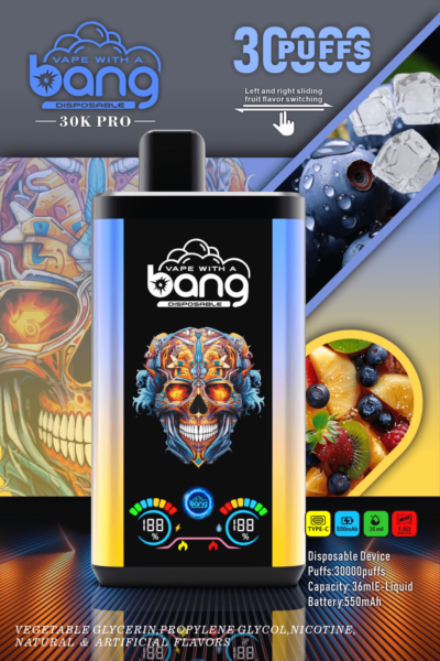 Werbung für ein Vape-Gerät mit einem farbenfrohen, künstlerischen Totenkopfdesign, dem „Vape with a Bang 30K Pro“, 30.000 Zügen, Geschmackswechsel und Spezifikationen wie 36 ml Flüssigkeitskapazität und 550 mAh-Akku angepriesen wird.