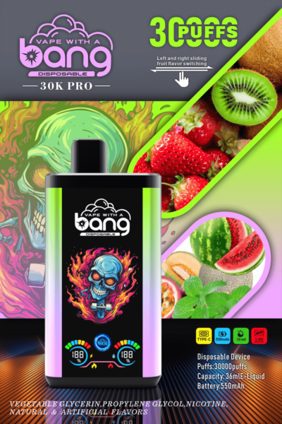 Werbebild für „Vape with a Bang Disposable 30K Pro“ mit einem digitalen Bildschirm mit Totenkopfgrafik, Text mit Angabe von 30.000 Zügen, Fruchtgeschmacksoptionen und Angaben zur Kapazität und Batterielebensdauer des Produkts.