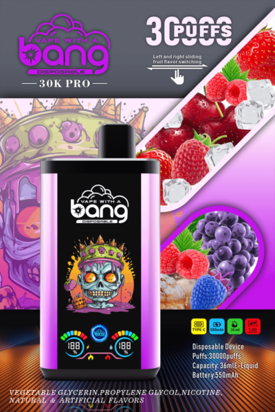 Verpackung des Vape-Geräts mit „Vape with a Bang 30K Pro Disposable“ mit 30.000 Zügen, verschiebbaren Fruchtgeschmacksoptionen, 550-mAh-Akku und 36 ml E-Liquid-Kapazität. Enthält lebendige Fruchtbilder und ein farbenfrohes Totenkopfdesign.