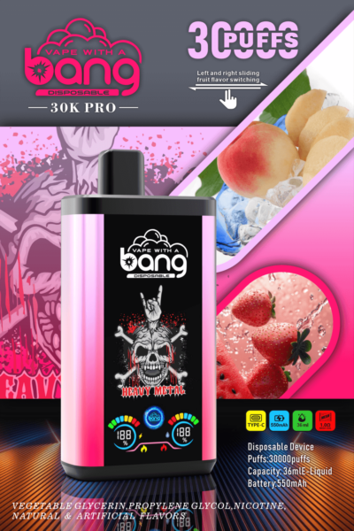 Werbeplakat für „Vape with a Bang 30K Pro“, das ein Einweg-Verdampfergerät mit schwerem Totenkopfdesign aus Metall zeigt, 30.000 Züge ermöglicht, 36 ml E-Liquid-Kapazität hat, einen 550 mAh-Akku hat und zwischen Fruchtgeschmack wechseln kann.