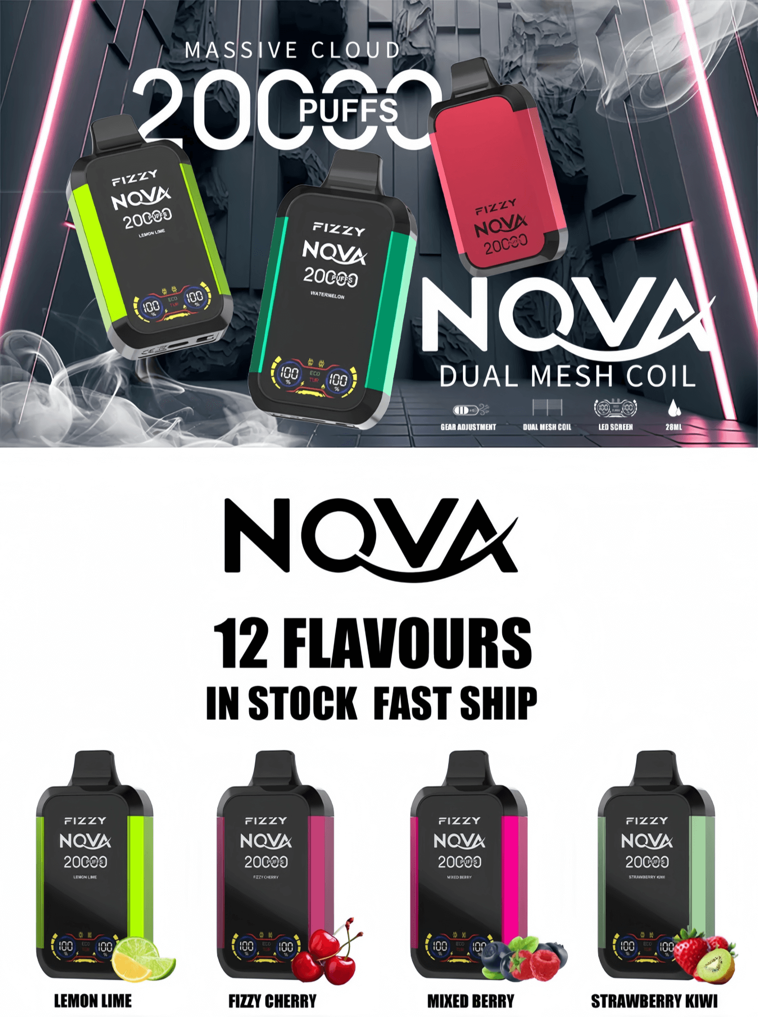 Fizzy Nova 20k 20000 Puffs Dual Mesh Disposable Vape Pen 2% 5% Nicotine 12Tastes LCD Screen Factory Direct