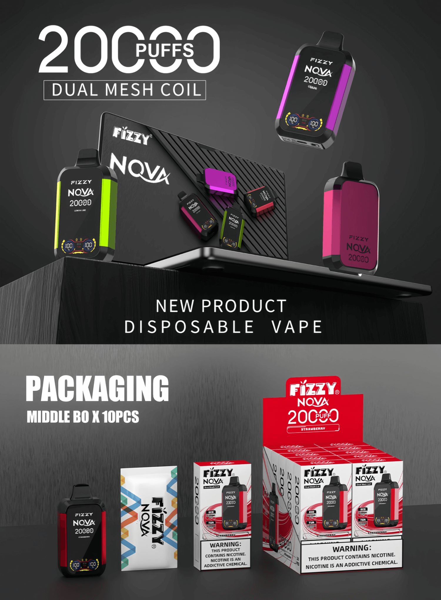 Fizzy Nova 20k 20000 Puffs Dual Mesh Disposable Vape Pen 2% 5% Nicotine 12Tastes LCD Screen Factory Direct