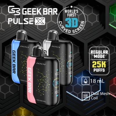 A promotional image for the Geek Bar Pulse X featuring three vape devices with dual mesh coil technology, 25,000 puffs capacity, 18 mL liquid, and a 3D curved screen.