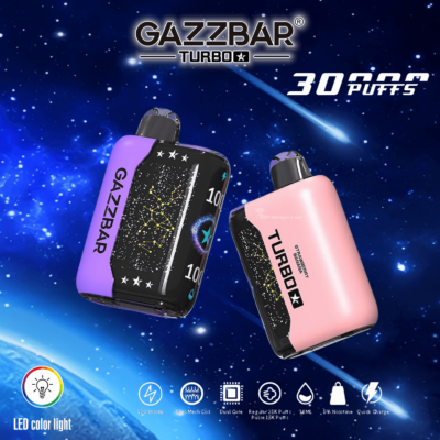 GazzBar Turbo disposable vape devices with LED color light, 30,000 puffs, dual core, mesh coil, 18ml capacity, 5% nicotine, and quick charge feature.