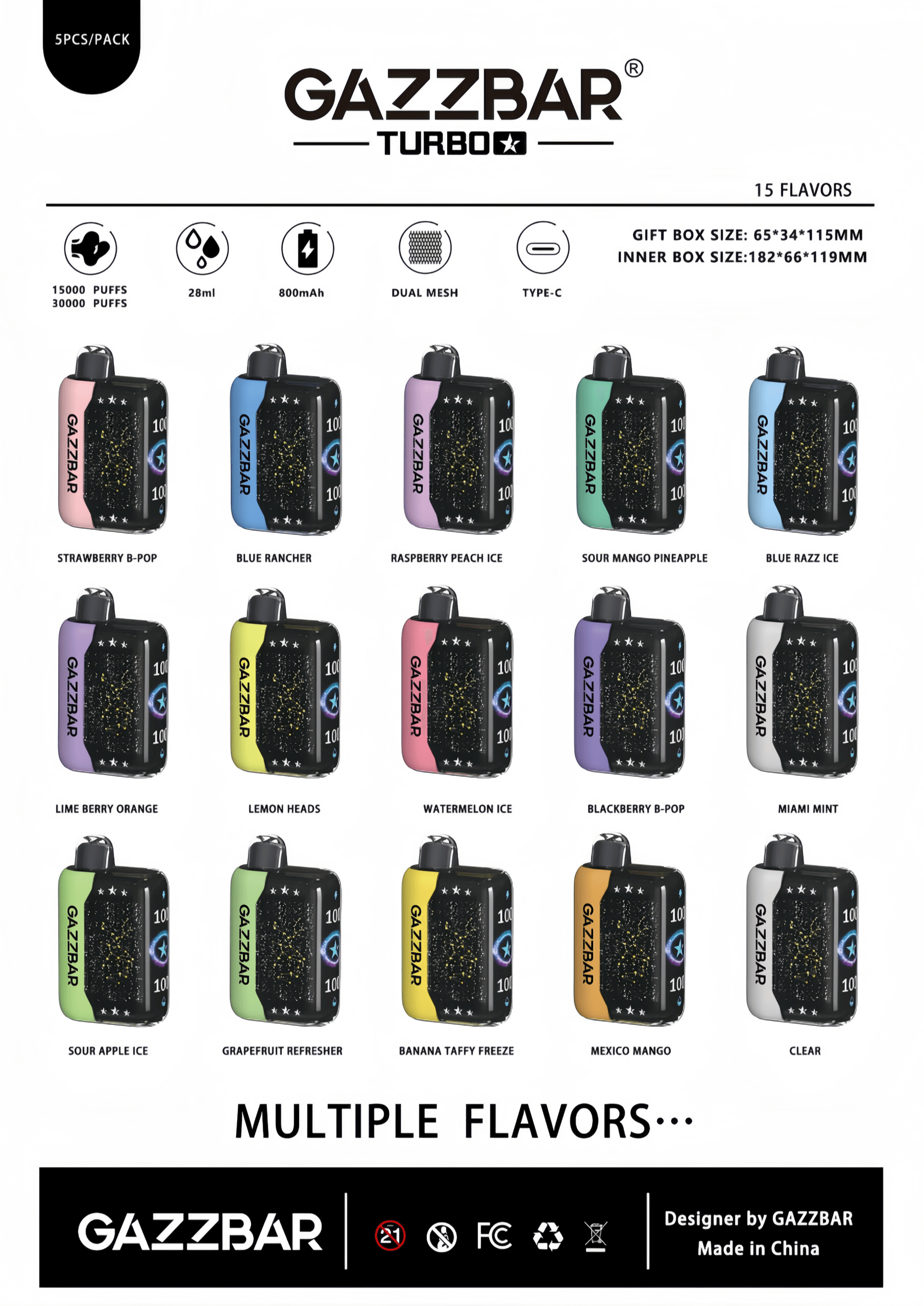 "Ficha técnica do dispositivo de vaporização descartável Gazzbar Turbo mostrando 15 sabores, malha dupla, 15.000-30.000 tragadas, capacidade de 28 ml, bateria de 800 mAh e carregamento Tipo C."
