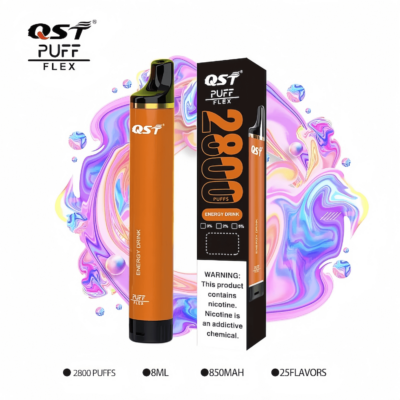 Vape QST Puff Flex Energy Drink avec 2800 bouffées, capacité de 8 ml, batterie de 850 mAh et étiquette d'avertissement de nicotine affichée.