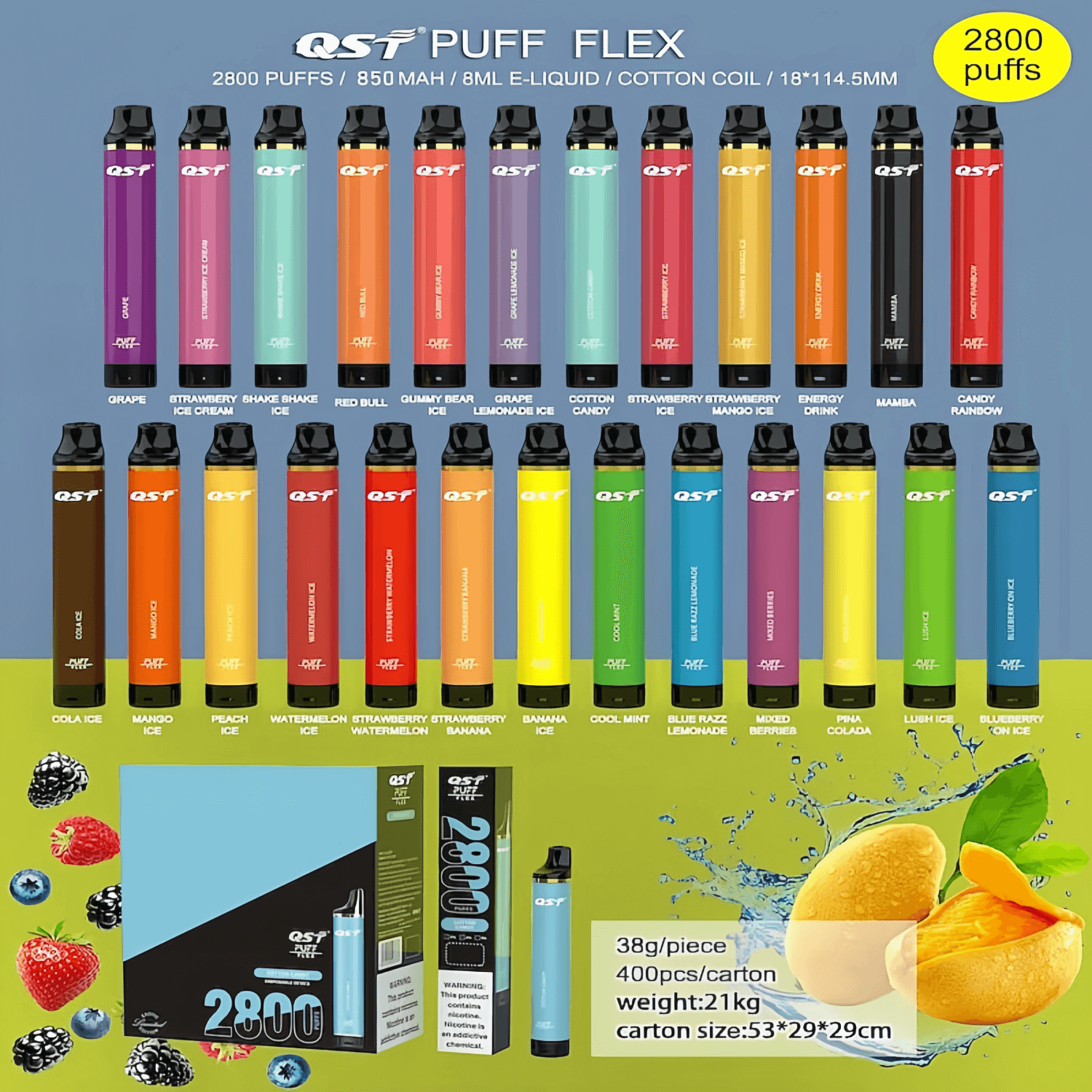 Une présentation des stylos à vape jetables QST Puff Flex, comprenant 2800 bouffées, une batterie de 850 mAh, un e-liquide de 8 ml et une bobine de coton. L'image montre différentes saveurs, notamment le raisin, la mangue, la boisson énergisante, la fraise et bien d'autres, avec des motifs de vape colorés correspondants. Les détails de l'emballage incluent un poids de 38 g par pièce, 400 pièces par carton et des dimensions de carton de 53 x 29 x 29 cm.