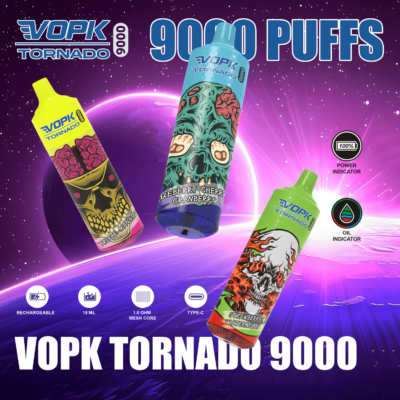 Promotional image for VOPK Tornado 9000 vape featuring three devices with colorful, graphic designs against a cosmic background, highlighting features like 9000 puffs, rechargeable, 18 ml capacity, 1.0 ohm mesh core, and Type-C charging.