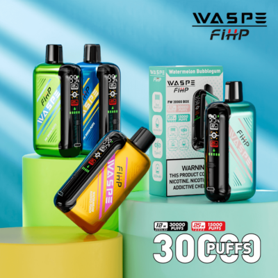 Una colección de dispositivos de vapeo WASPE FiHP en varios colores, con 30000 bocanadas y opciones de concentración de nicotina, exhibidos con una caja del producto en el fondo.