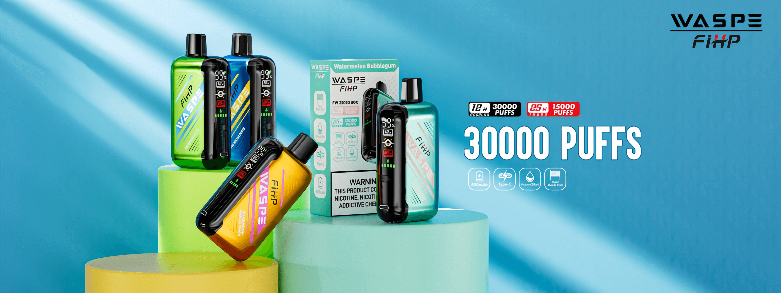 Appareils de vapotage WASPE FiHP affichés sur des plates-formes colorées, avec un grand texte « 30 000 bouffées », des icônes pour une batterie de 8 500 mAh, une charge de type C, un volume de 2,8 ml et une bobine à double maille.