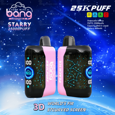 Image de deux appareils de vapotage jetables Bang étiquetés « Starry 25000 Puff » et « Peach Ice » avec un design d'écran incurvé, présentant des spécifications telles que 25 000 bouffées, une capacité d'e-liquide de 28 ml et une batterie de 800 mAh.