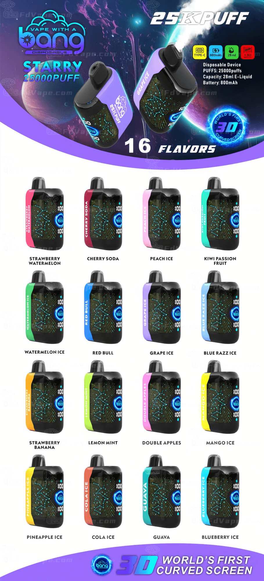 Anúncio do Bang Vape Starry 25000 Puff com 16 sabores, tela curva 3D e especificações como bateria de 800 mAh e capacidade de e-líquido de 28 ml.