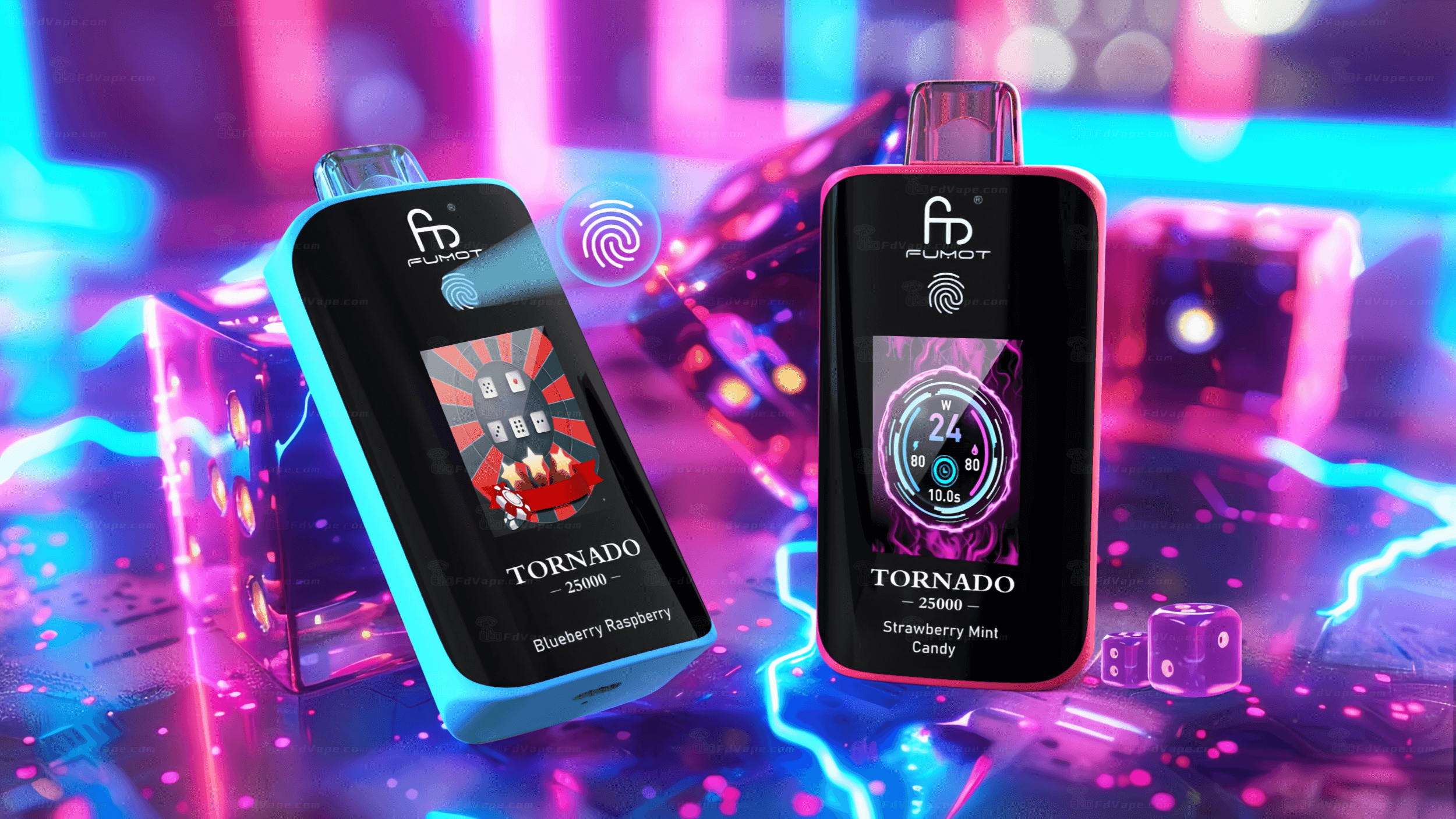 Twee moderne vape-apparaten met levendige ontwerpen, één in het blauw met een scherm met de tekst "Blueberry Raspberry" en een afbeelding, de andere in het roze met de tekst "Strawberry Mint Candy". De achtergrond is verlicht met neonkleuren en abstracte vormen.