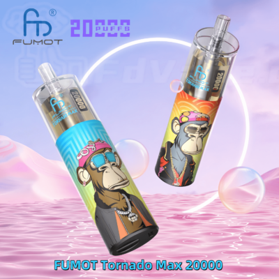 Deux appareils à vapotage FUMOT Tornado Max 20000 bouffées colorés avec des motifs de singes de dessin animé, flottant sur un fond pastel avec des bulles et un accent circulaire brillant.