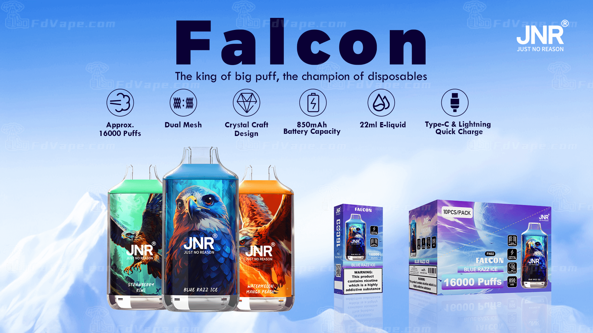 Falcon disposable vape device featuring approximately 16,000 puffs, dual mesh coil, crystal craft design, 850mAh battery, 22ml e-liquid capacity, and Type-C & Lightning quick charge, with flavors including Strawberry Kiwi, Blue Razz Ice, and Watermelon Mango Peach.