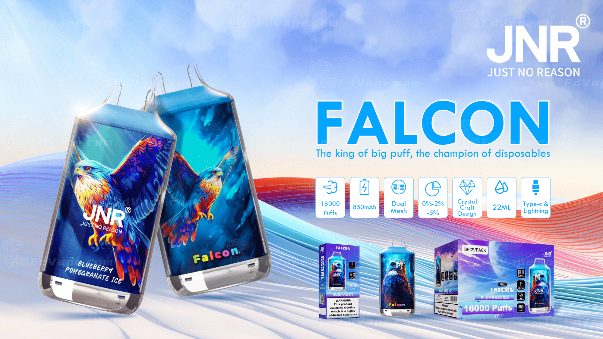 Disposable vape device packaging featuring the JNR Falcon, highlighting a colorful falcon illustration on the device, with product details including 16,000 puffs, 850mAh battery, dual mesh, 22ml capacity, Type-C and Lightning charging, and flavors like Blueberry Pomegranate Ice.