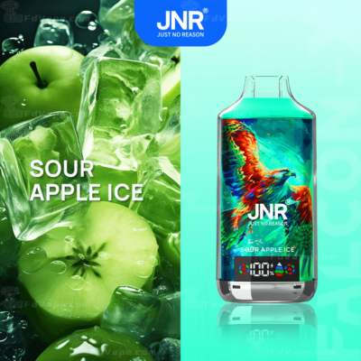 "Sour Apple Ice vape product packaging featuring green apples and ice cubes on the left, and a vape device with vibrant artwork of a red and green bird on the right."