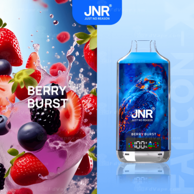 JNR Berry Burst vape product with a vibrant blue hawk design on the device and an image of mixed berries splashing in juice.
