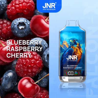 JNR vape device with a "Blueberry Raspberry Cherry" flavor, featuring vibrant images of fresh blueberries, raspberries, cherries, and a stylized falcon graphic on the device.