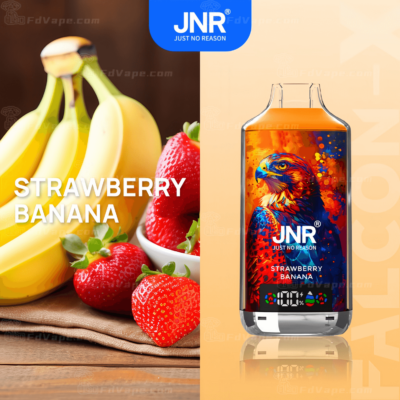 JNR Strawberry Banana vape product with a colorful hawk design on the packaging, displayed alongside fresh bananas and strawberries.