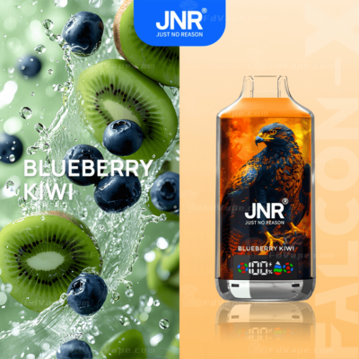 "JNR Blueberry Kiwi vape product featuring a close-up of fresh blueberries and kiwi slices with water splashes on the left, and a vape bottle design with an eagle illustration on the right."