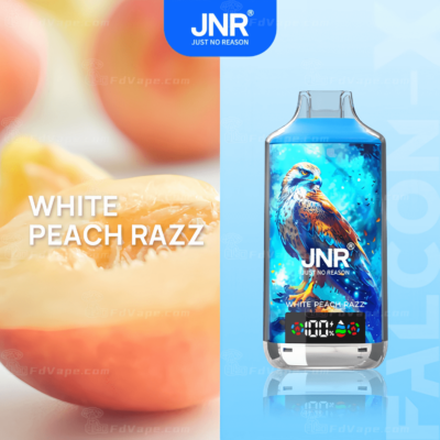 JNR White Peach Razz vape with a falcon illustration on the device and a close-up of a white peach