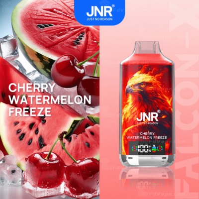 Cherry Watermelon Freeze vape device by JNR featuring a fiery phoenix design on the bottle, with images of watermelon, cherries, and ice cubes.