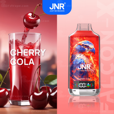 Cherry cola-flavored vape with an illustrated hawk on the packaging, showing a vibrant glass of red cherry cola with fresh cherries in the background.