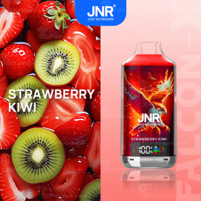 JNR strawberry kiwi-flavored vape with a vibrant red bottle design featuring a fiery phoenix and digital indicators at the bottom.