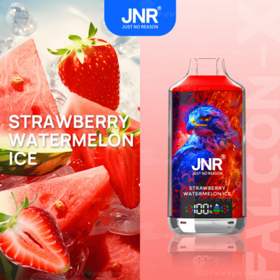 JNR vape product featuring a "Strawberry Watermelon Ice" flavor, with an image of fresh strawberries, watermelon, and ice on the left, and the vape device with a vibrant blue and red falcon illustration on the right.