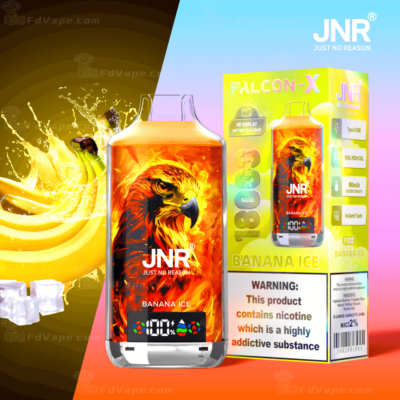 Image of a JNR vape package featuring an eagle design and labeled "Banana Ice." The package highlights features like "1800" puffs and an "HD Display." It includes a nicotine warning.