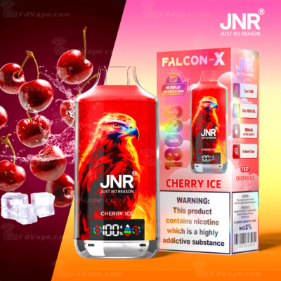 Cherry Ice disposable vape device by JNR (Just No Reason) with a vibrant red falcon graphic, 1800 puffs, 2% nicotine, 950mAh battery, and digital display, alongside cherries and ice cubes.