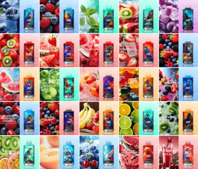 A grid of colorful vape flavors, each bottle labeled with different flavor names such as Blue Razz Ice, Strawberry Kiwi, Watermelon, Gummy Bear, Peach Ice, and Berry Burst, arranged against vibrant fruit-themed backgrounds.