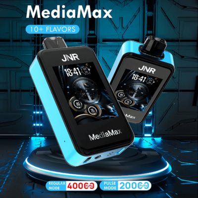 Blauw en zwart elektronisch apparaat met het label "JNR MediaMax" en een digitaal display, geplaatst in een futuristische omgeving, met de nadruk op "10+ smaken" en gebruiksmodi.