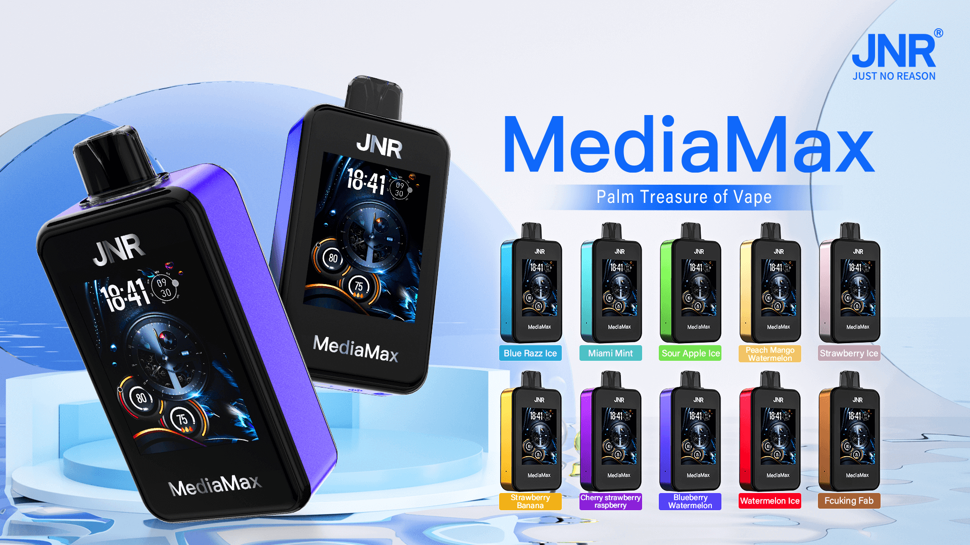 Afbeelding van verschillende JNR MediaMax vape-apparaten in verschillende kleuren en smaken, waaronder Blue Razz Ice, Miami Mint, Sour Apple Ice, Peach Mango Watermelon, Strawberry Ice, Strawberry Banana, Cherry Strawberry Raspberry, Blueberry Watermelon, Watermelon Ice en Fcuking Fab.