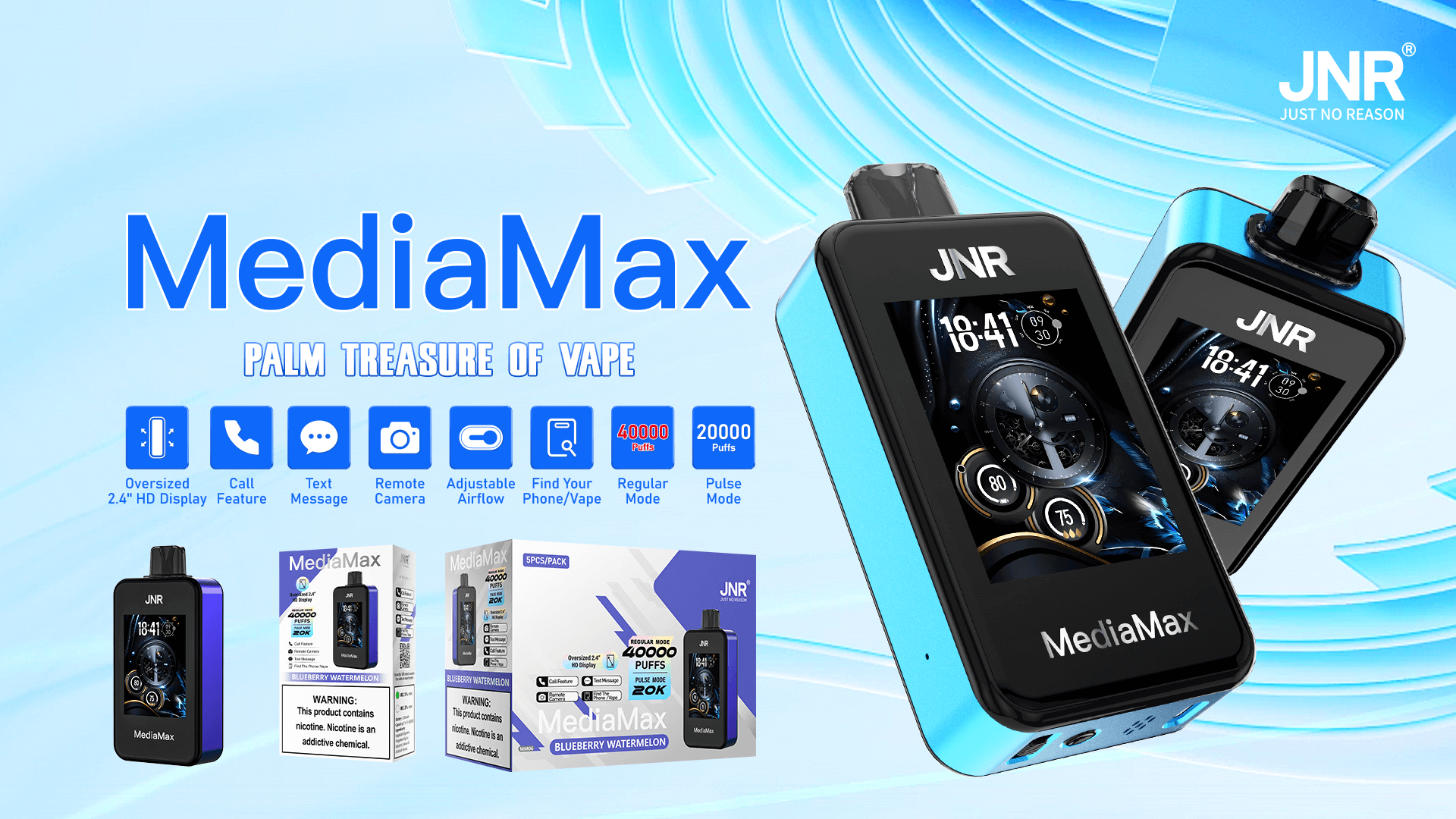 Afbeelding van het MediaMax vape-apparaat van JNR met een 2,4" HD-scherm, bel- en sms-functies, externe camera, instelbare luchtstroom en modi voor 40.000 en 20.000 trekjes. De verpakking toont de smaak Blueberry Watermelon.